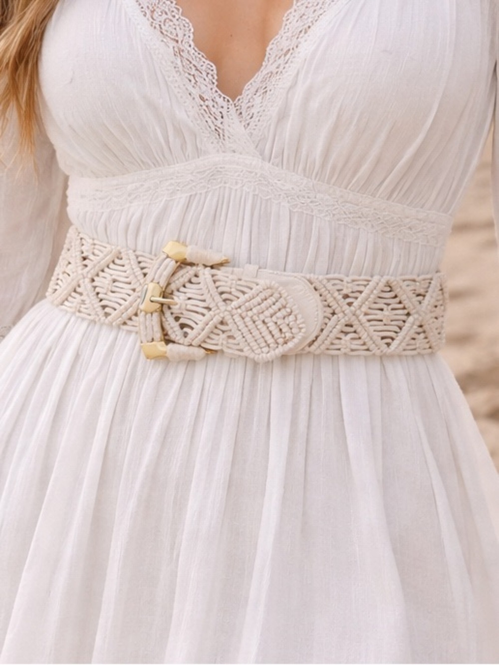 Woven Cream Macramé Waist Belt with Gold-Tone Buckle